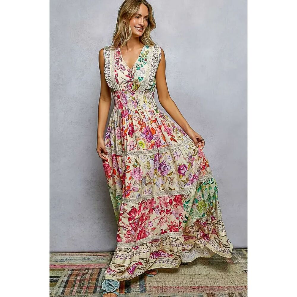 POL Feminine V-Neck Smocked Waist Ruffle Floral Maxi Dress